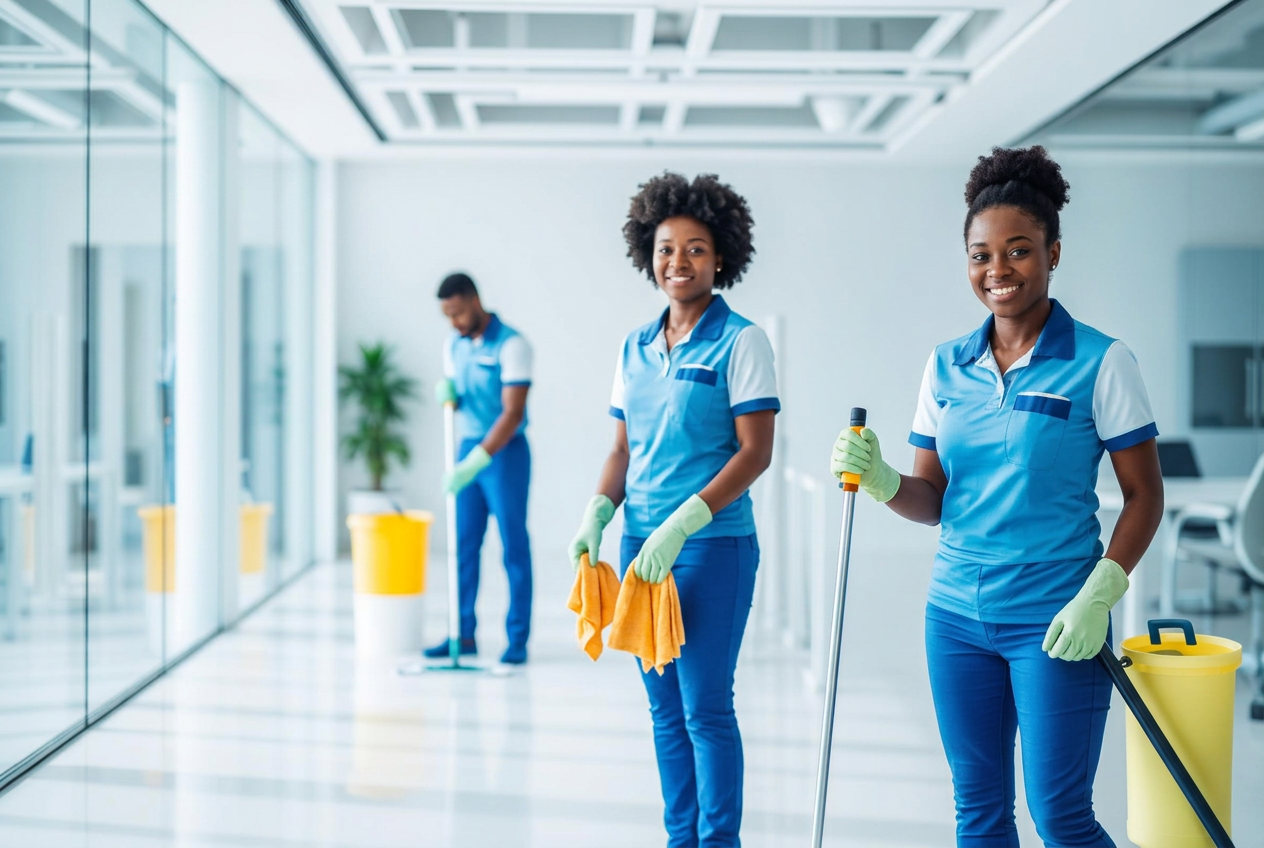 Professional cleaning team working in a bright modern office