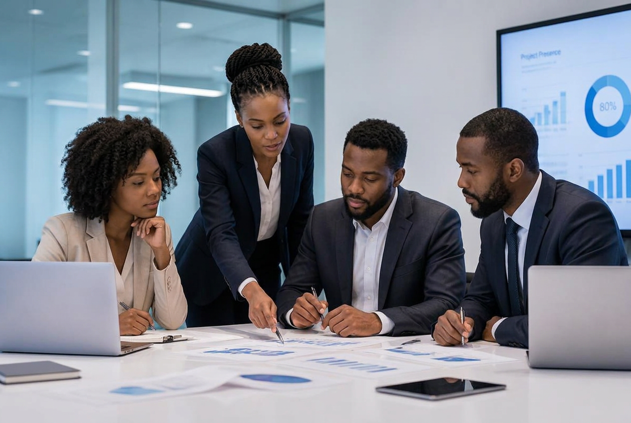 Business consultants reviewing plans together in a meeting room