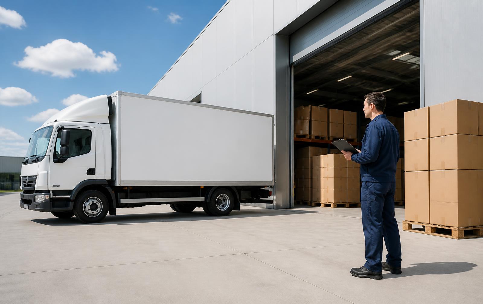 Speedfit delivery truck being loaded with supplies at a warehouse loading bay