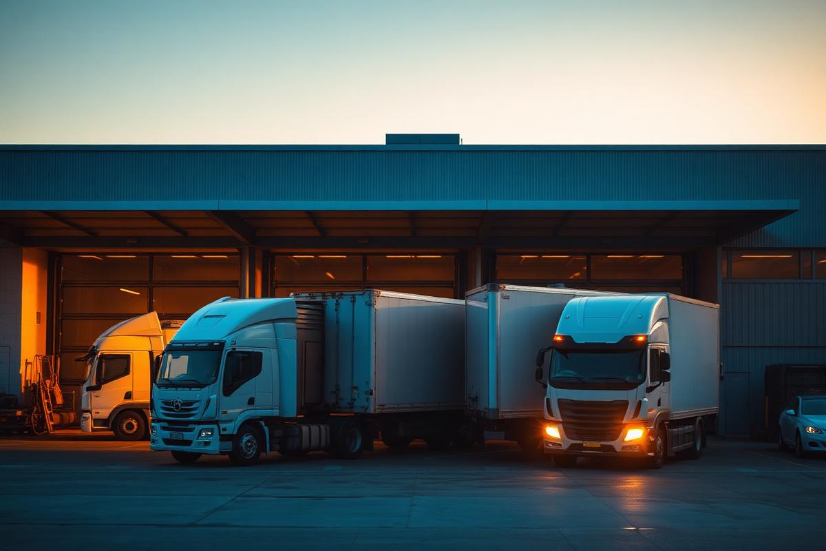 Delivery trucks parked at a logistics depot loading bay