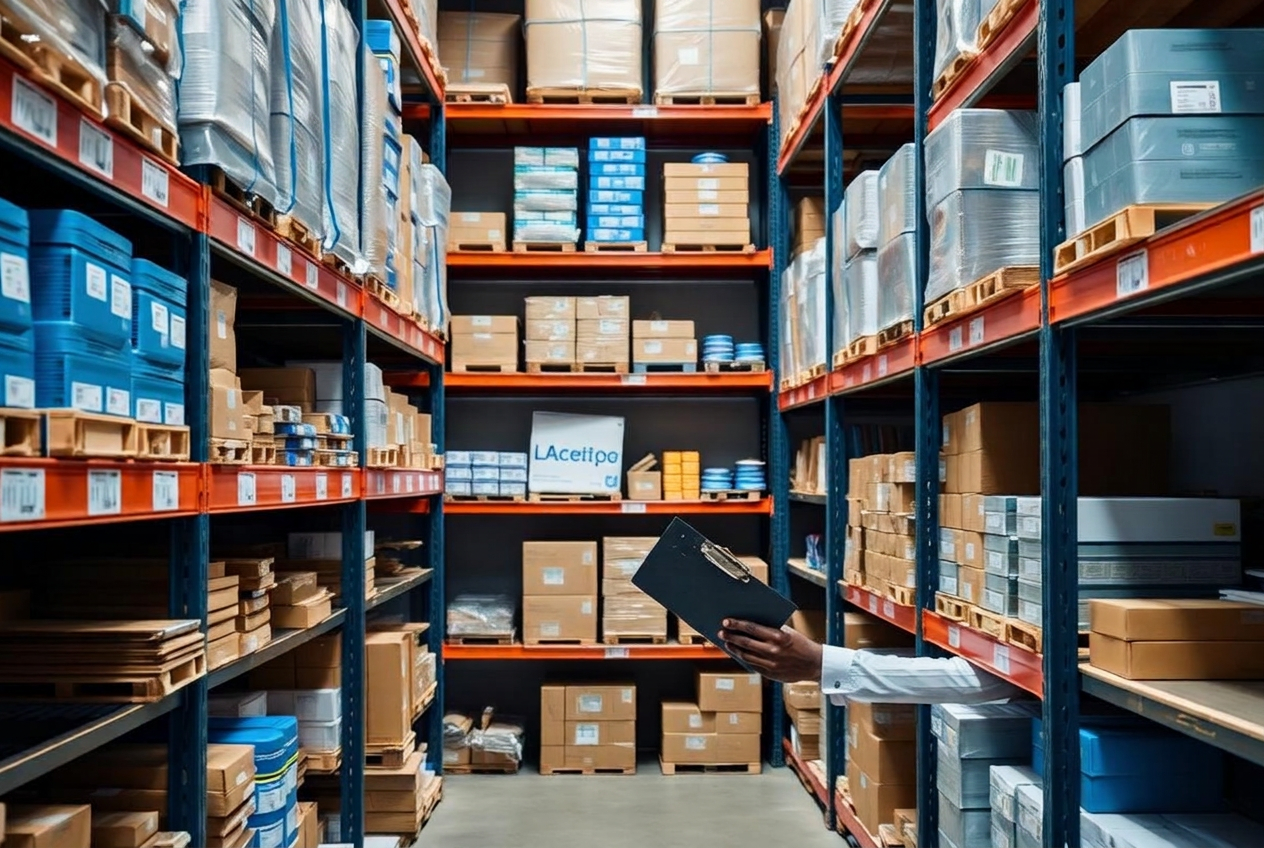 Shelves of neatly organised general supplies in a warehouse