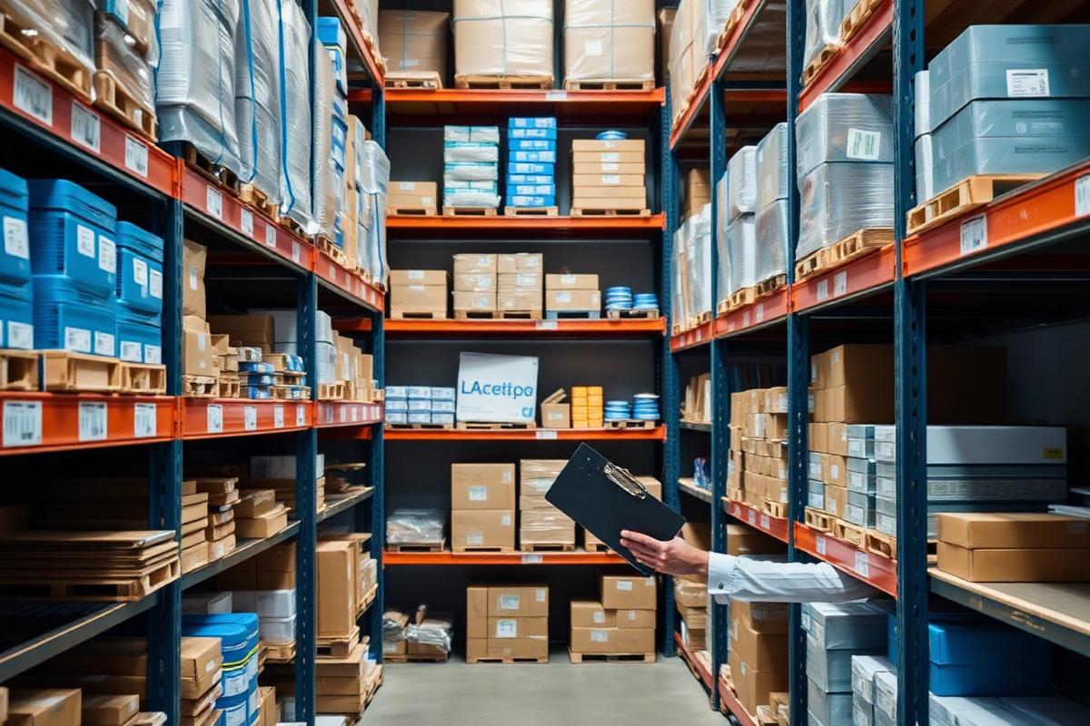 Well organised warehouse shelving stocked with supplies and packaged goods